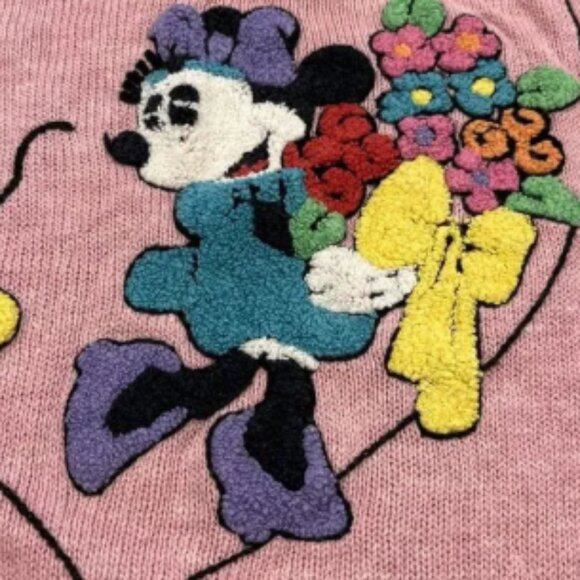 Sunday Comics Sweater M Vintage Mickey Minnie Flowers Short Sleeve Pink Textured - Picture 4 of 6
